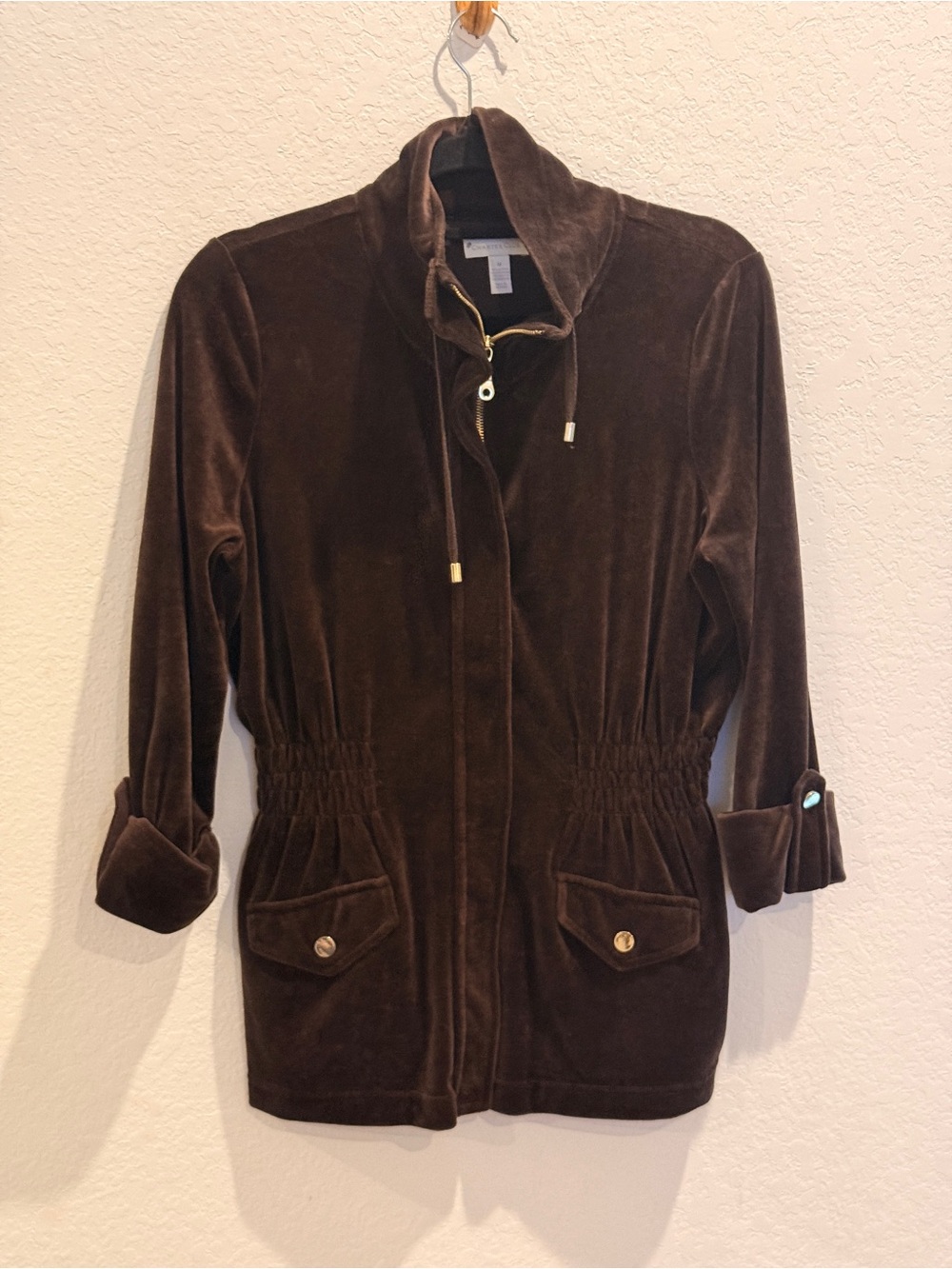 Charter Club Brown Velour‎ Utility Jacket with Drawstring Waist
